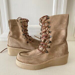 NWF Free People Ava Tall Lace Up Tan Suede Boots Sz 38